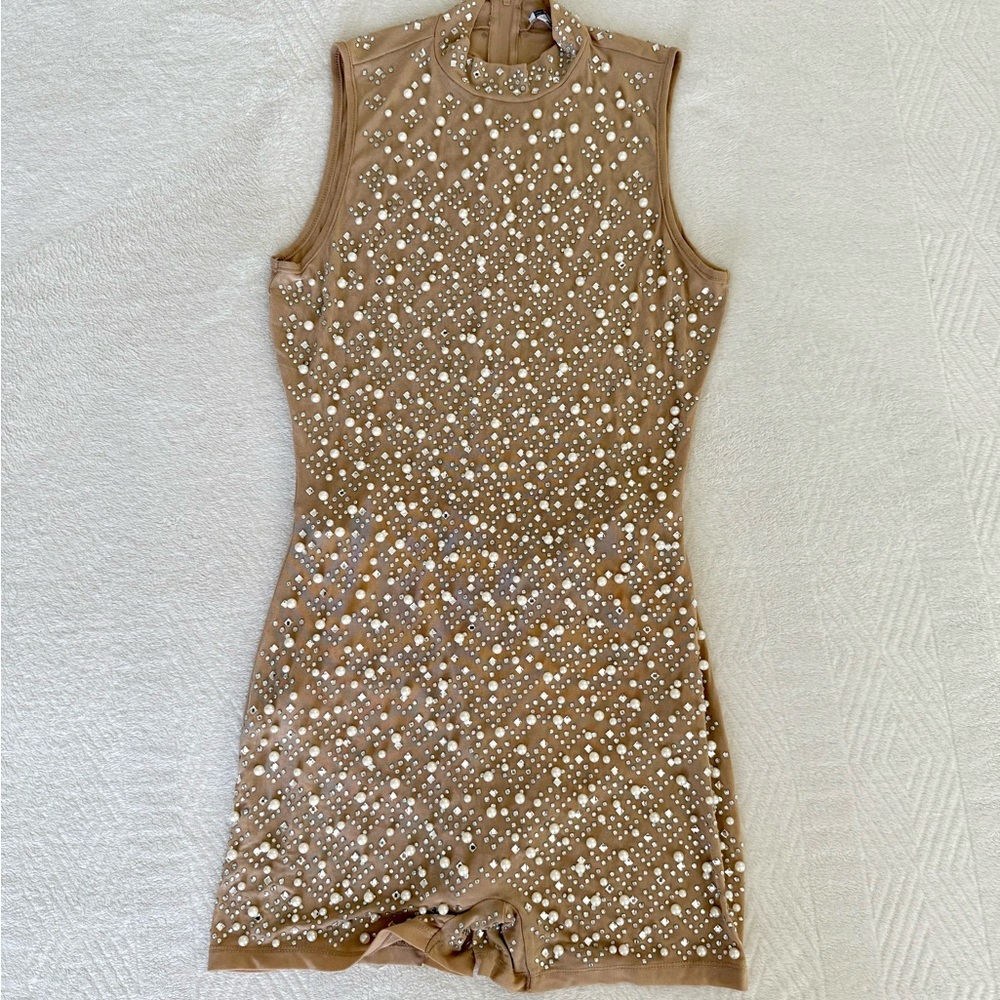 FashionNova Tan Rhinestone shorts jumpsuit